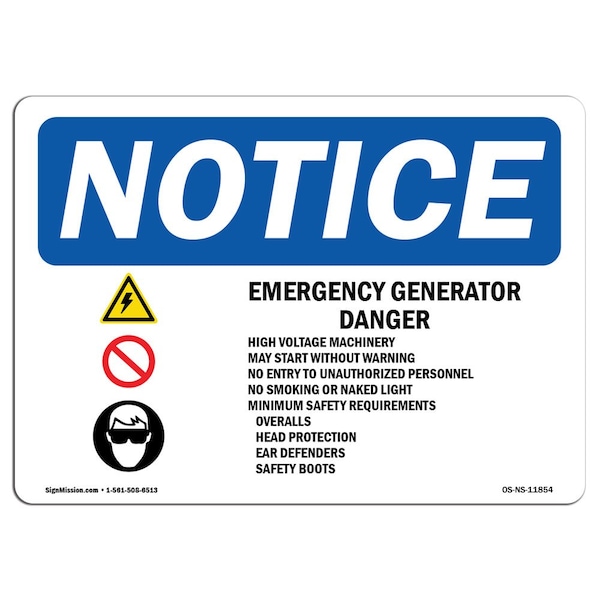 OSHA Notice Sign, 3.5" H, Emergency Generator Danger High Sign With Symbol, Landscape, 10PK